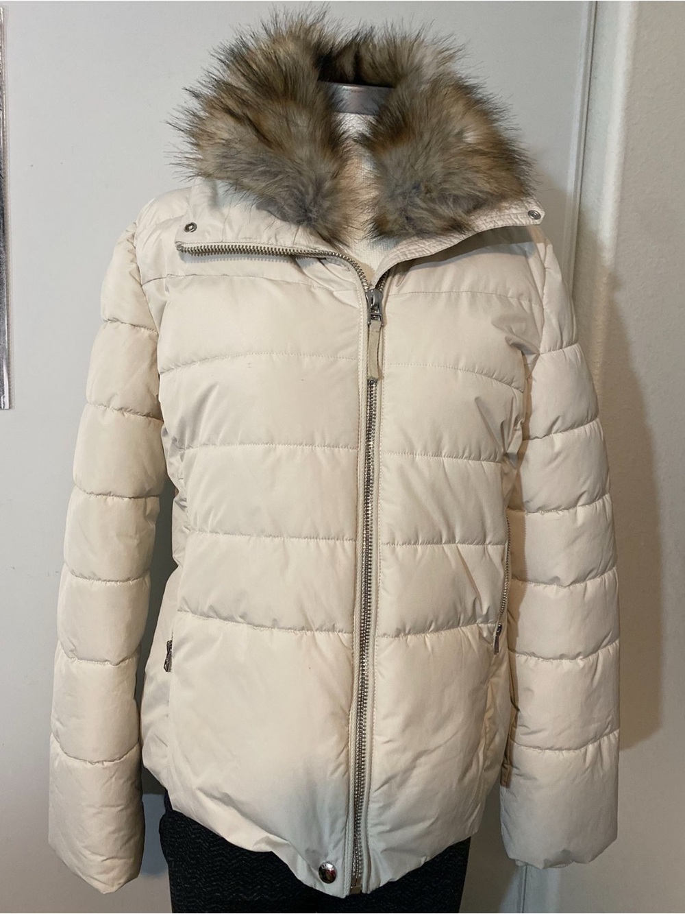 Forever 21 Cream Puffer Jacket with Faux Fur Trim